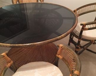 Bamboo round glass table and 6 chairs