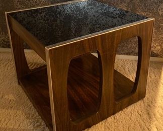 Mid century modern smoked glass cut out end side table with chrome trim