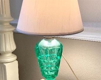 46. $75 Green depression glass lamp 	Size 12"H approx 					