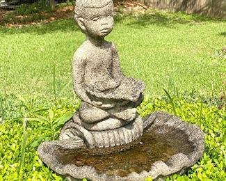 62. bird bath antique with young boy crossed legs 	22”W x 25”H without counting pedestal			$150