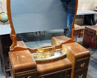 Antique Art Deco Waterfall 5 Drawer Vanity, With Lift-Out Mirror