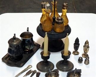 Weighted Sterling Silver Candle Stick Set, Salt And Pepper Shakers, Sterling Salt Savers With Spoons, Qty 4, Creamer, Sugar, And Amber Glass Cruet
