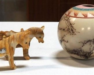 Horsehair Pottery Bowl Vase, 4.75" High And Carved Stone Horses, Qty 2, 3" High