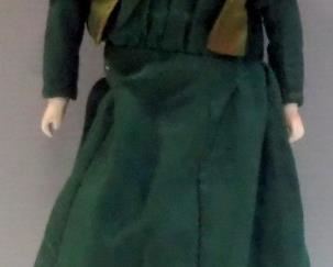 Porcelain Sleepy Eyed Doll, Leather Body And Original Dress, 16" H And Painted China Doll With Porcelain Hands And Feet, Original Clothing, 19" H