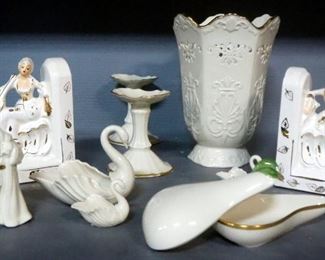 Langtry Ceramic Gold Rimmed Vase, Lennox Porcelain Candle Sticks, Swans, Santa Claus, Pear Vanity Jar And More