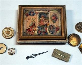 Vintage Compact Collection, Various Styles And Sizes, Qty 8, Including Wood Jewelry Box