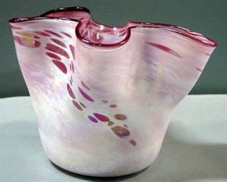 The Original Mt. St. Helen's Volcanic Ash Glassworks Coral Ruffled Edge Vase, 6" High x 10" Diameter