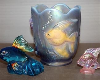 Fenton Iridescent Carnival Art Glass Fish Vase, 6.5" High x 5.75" Diameter, Fenton Pink Sunfish, 3" High & Koi Fish, 4" High