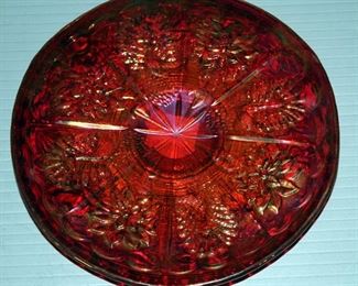 Fenton Cranberry Coin Dot 9" Pitcher, 6.5" Iridescent Carnival Glass  Saucer And Fenton Glass Sign