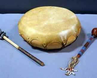 Hand Crafted 12" Rawhide Drum And Beaded Gourd Rattle