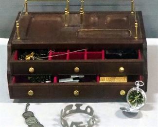 Wood Two Drawer Jewelry Dressers Cabinet With Gentleman's Tray Top, 6" x 12.5" x 9", Contents Included
