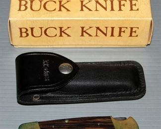 Vintage 110 Buck Folding 4" Hunter Pocket Knife With Leather Sheath In Original Box