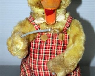 1950'S Battery Operated Linemar Hoopy The Fishing Duck, Schylling Tin Marble Shooter, Pony And Wagon, Terrier Dog Figurines, And More, 6 Pieces