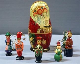Hand-Painted Russian 7 Piece Ornament Set Including Nesting Matryoshka Doll Christmas Father Frost Santa