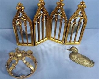 Brass Duck, 4.5" x 9", Painted Crown And Decorative Folding Mirror, 17.25" x 10"