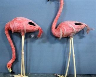 Life-Size Feathered Flamingo Figures, Qty 2, Tallest Measures 40"
