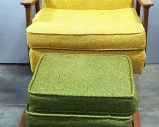 Midcentury Modern Spring Loaded Armchair, And Rolling Foot Stool With Cushions