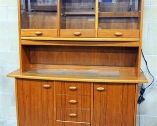 Mid-Century Modern Illuminated China Cabinet With 3-Compartment Hutch, 4-Drawers And Lower Storage, Lighting May Need Repair, 75" H x 64" W x 20" D