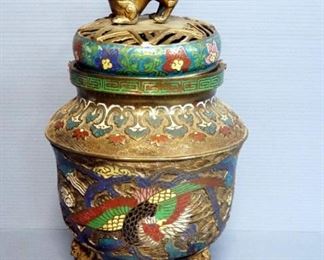 Antique Japanese Enameled Bronze Senser  With Foo Dog Motif, 18" High x 10" Diameter