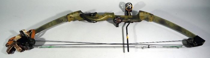 Bear Black Mag Compound Bow, With Quiver, Practice Arrows, Finger Guards (M & L), In Allen Soft Camo Case