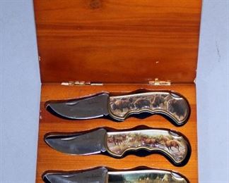 James Hartman Presentation Folding Knives With Images Depicting Buffalo, Horses, And Native Americans, In Box