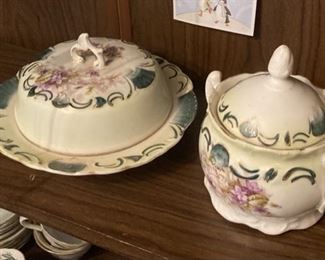 Vintage porcelain sugar bowl and butter dish. 