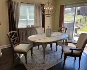 Beautiful Farmhouse dining table set - includes 2 leaves (not pictured) As pictured: 65w x 43d x 28t. Leaves measure 15" each expanding the table to 80"w