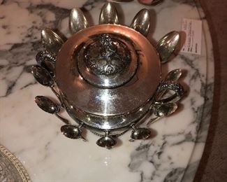 Antique silver plated sugar bowl with attached spoon rest