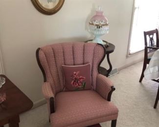 Pair of pink 1940s wing back chairs.  