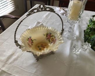 Silver plate and glass brides basket.  Bowl does have a crack in it.  