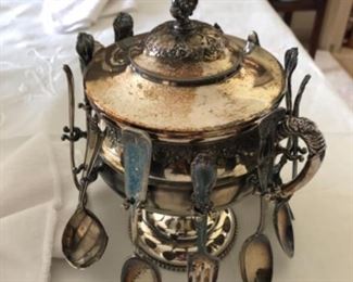 Antique silver plated bowl with spoon holder