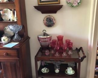 Vintage mahogany table with vintage cranberry glass