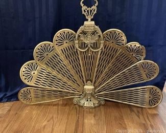 Brass Cameo Art Deco Style Fireplace Screen Folding Peacock Fan Ornate