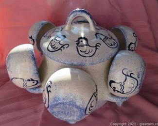 Handmade Pottery Chicken Soup Urn with 6 Bowls with Handles