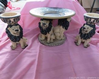 Lion Cake Plate and Two Candle Holders