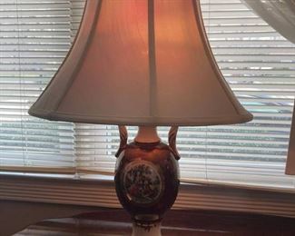 Victorian Style Colonial Scene Marble Painted Ceramic Table Lamp on Metal Base