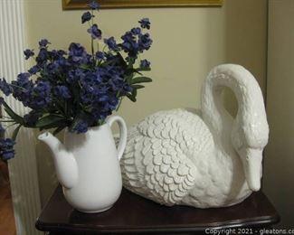 Wood Look Swan and Ceramic Pitcher of Faux Lilacs