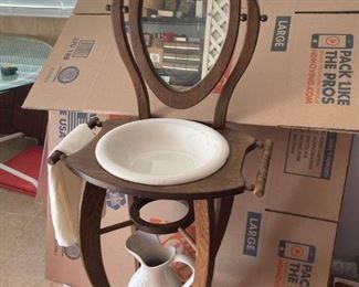 Wooden Wash Stand with Mirror 2 Towel Holders Bowl and Pitcher