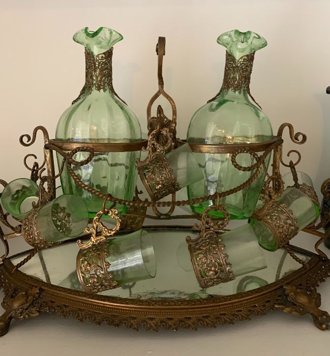 Antique Green Art Glass Decanter Set , trimmed in brass,  believed to be pre-war Japan.    