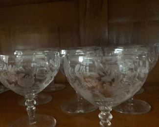 Set of 8 etched glass wine glasses. 