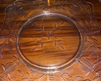 Set of 10 etched glass desert plates. 