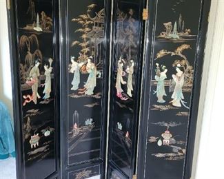 $300.00, Black lacquer two sided Asian mother of pearl room divider
