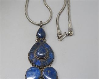 $150.00, Chunky Blue Lapis and Sterling Necklace, 20" chain & 5" pendant