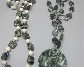 $16.00, Two Artisan stone necklaces greens 18 & 20"