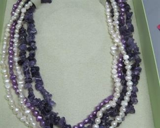 $16.00, Amethyst and pearl multi strand necklace 16"