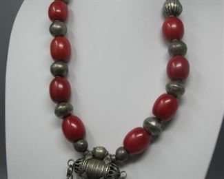 $16.00, Chunky Boho Silver & Bakelite beads 24"
