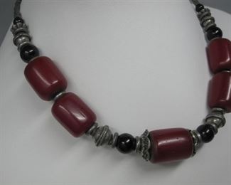 $12.00, Chunky Artisan cherry amber silver necklace 14"