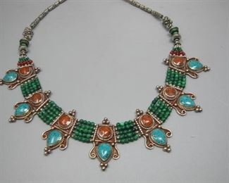 $45.00, Turquoise, Jade and Coral Sterling necklace 16"
