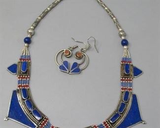 $75.00, Sterling Silver with Lapis & coral 16" necklace and 1.2" earrings