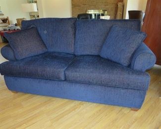 $270.00, Arhaus Down Sofa VG condition 40" x 72" x 38" tall, Dark Royal blue with a hint of red in the weave.